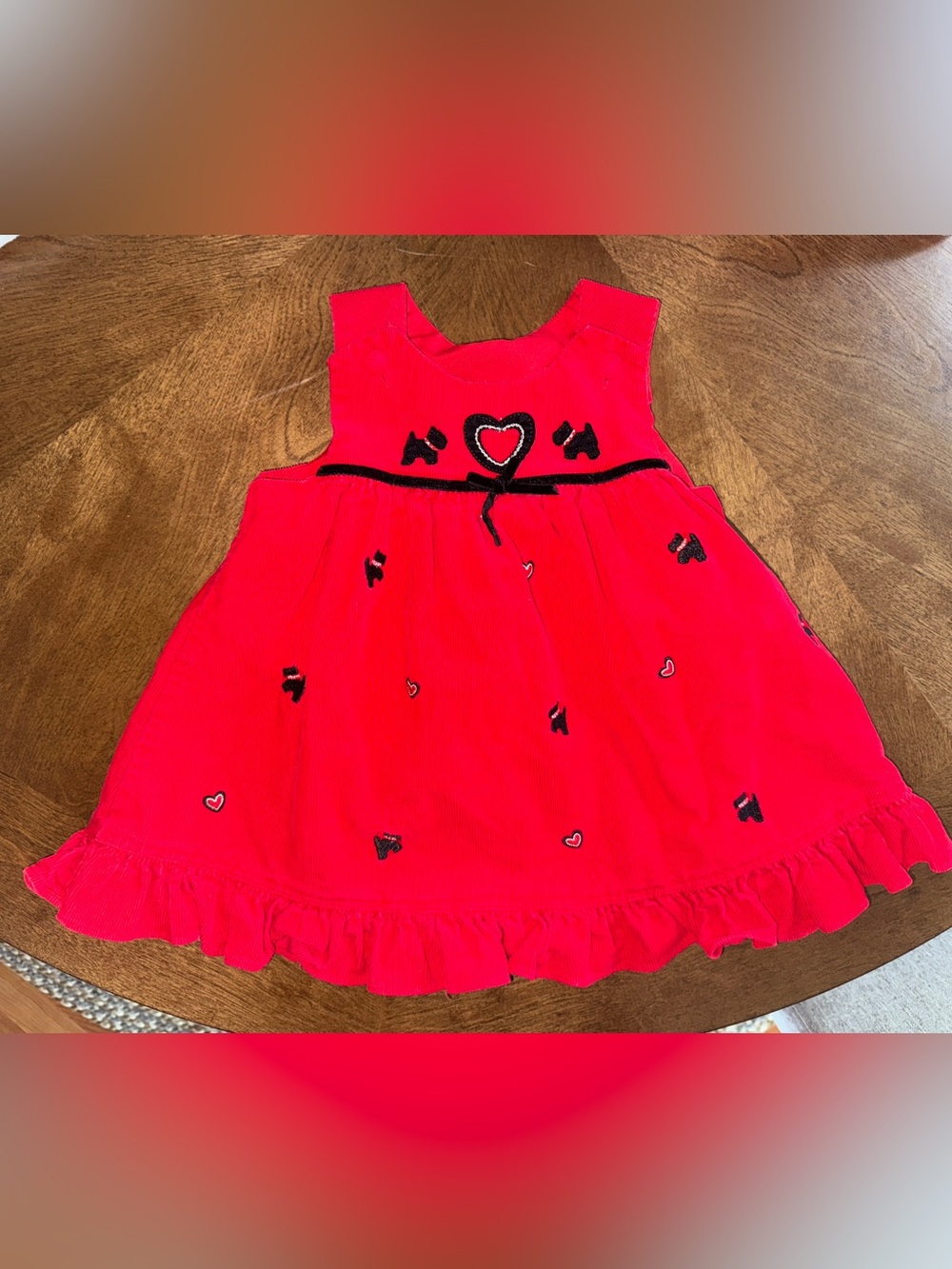 Vintage Red Heart Corduroy Dog Embroidered Baby Dress